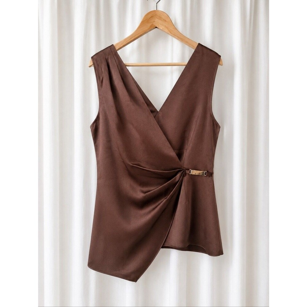 Reiss Brown Satin Wrap-Style Sleeveless Top, size shirt, NWOT